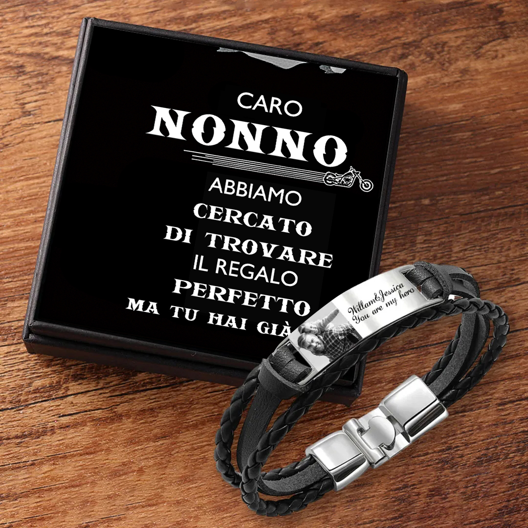 Caro Nonno-Braccialetto in pelle intrecciata personalizzato con 1 testo e 1 foto Braccialetto maschile con carta