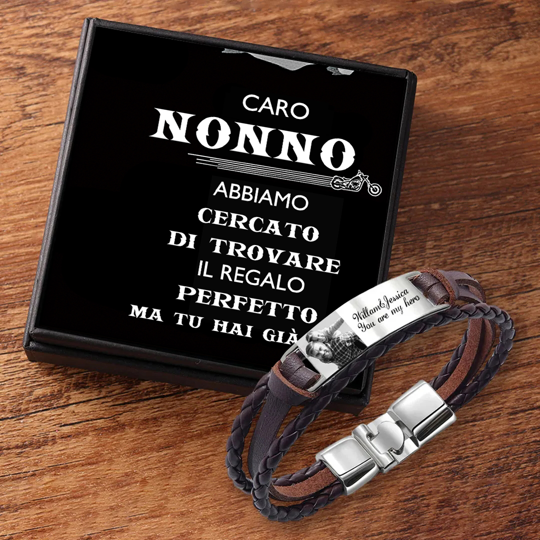 Caro Nonno-Braccialetto in pelle intrecciata personalizzato con 1 testo e 1 foto Braccialetto maschile con carta