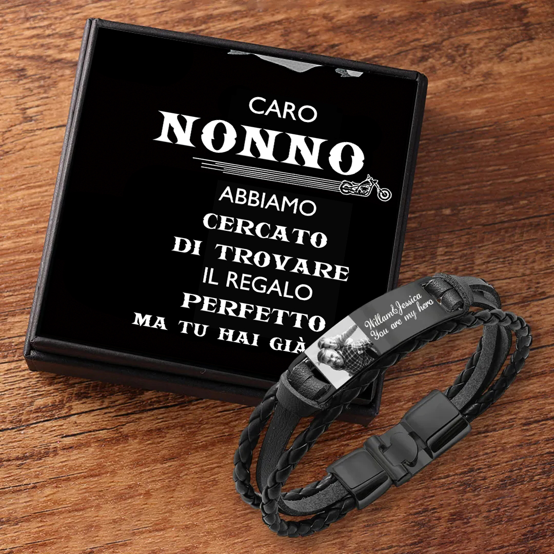 Caro Nonno-Braccialetto in pelle intrecciata personalizzato con 1 testo e 1 foto Braccialetto maschile con carta