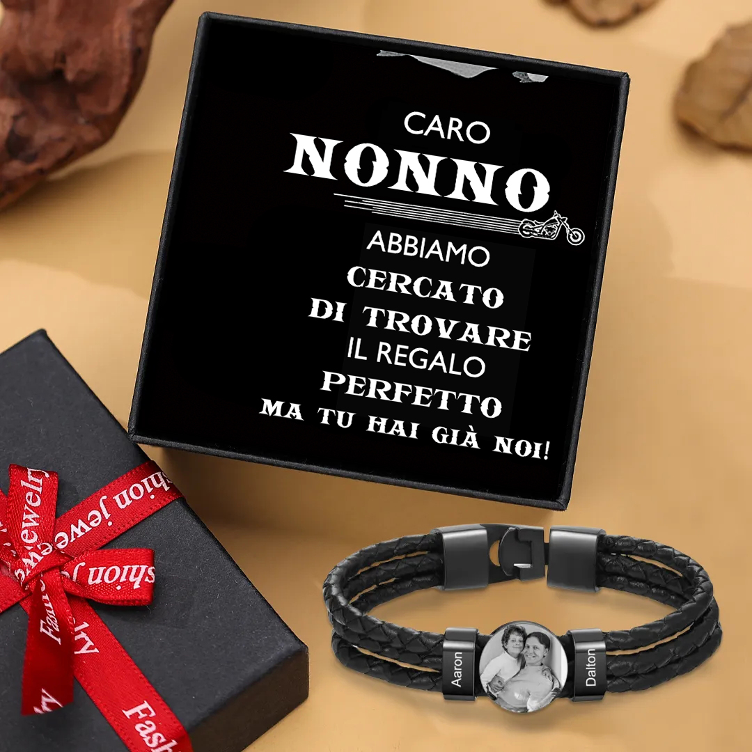 Caro Nonno-Braccialetto pelle da uomo con 2 nomi e 1 foto personalizzato regalo per nonno con carta