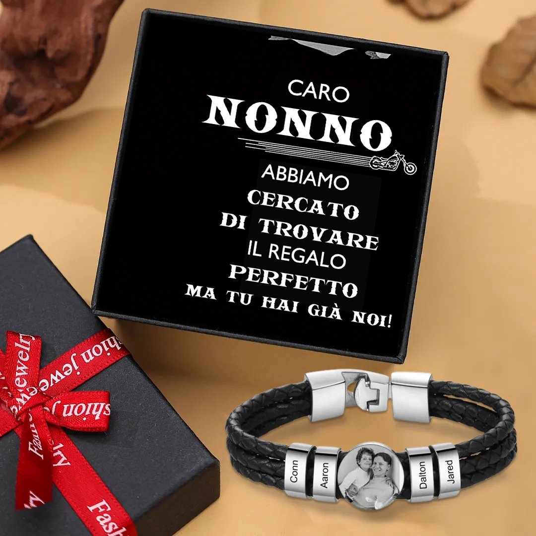 Caro Nonno-Braccialetto pelle da uomo con 4 nomi e 1 foto personalizzato regalo per nonno con carta