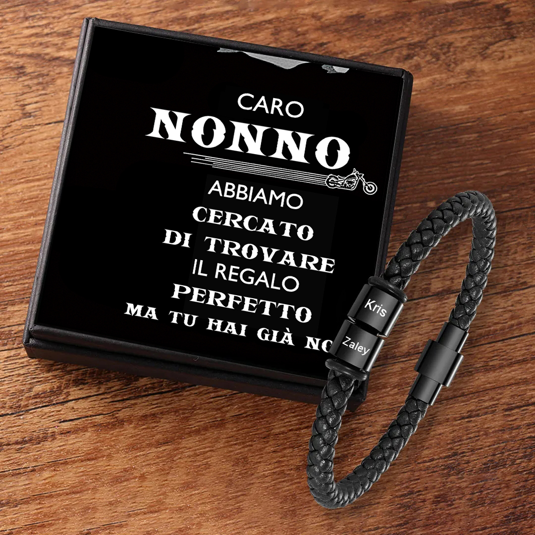 Caro Nonno-Braccialetto in pelle intrecciata 2 perline di nome regalo per nonno con carta