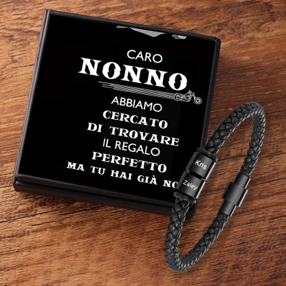 Caro Nonno-Braccialetto in pelle intrecciata 2 perline di nome regalo per nonno con carta