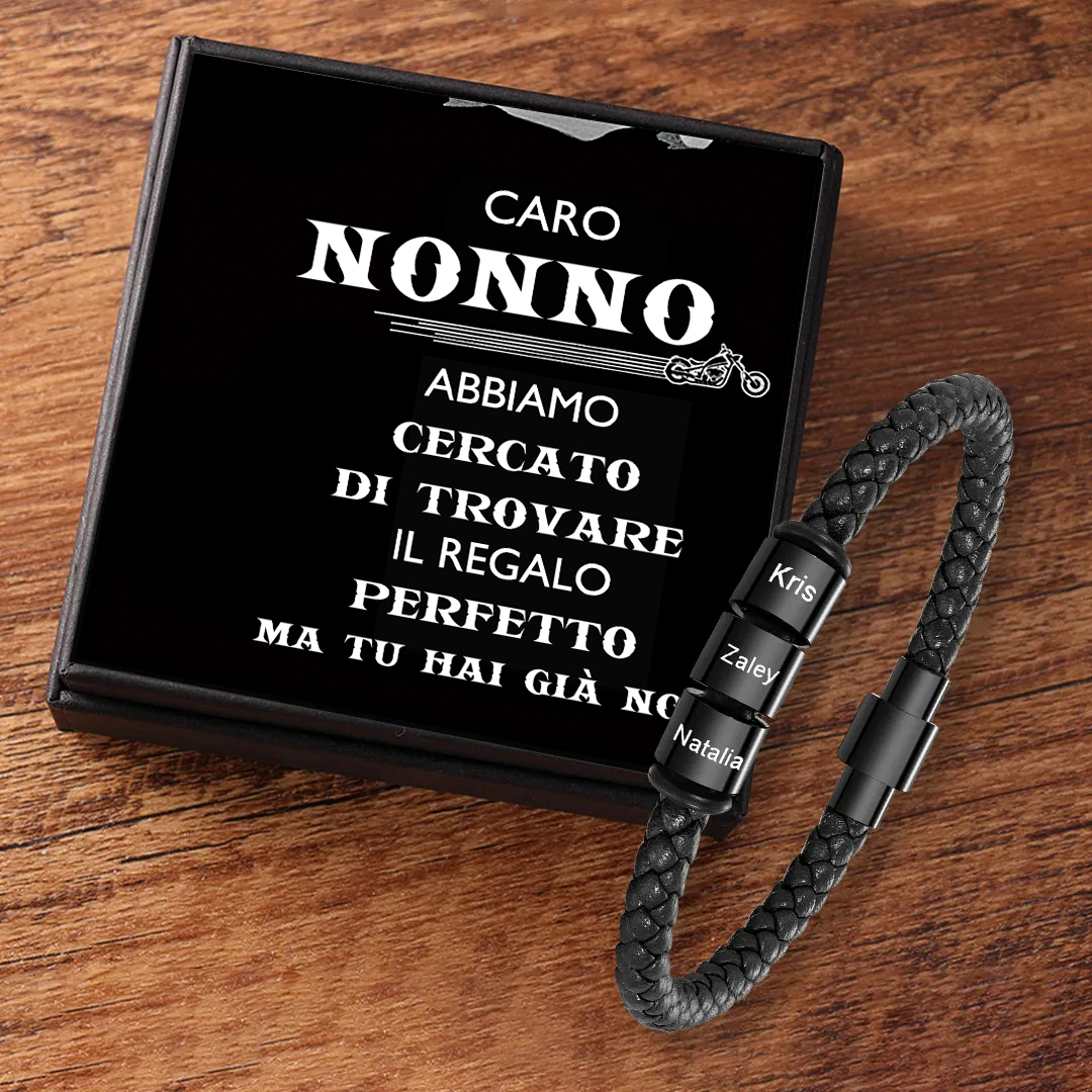 Caro Nonno-Braccialetto in pelle intrecciata 3 perline di nome regalo per nonno con carta