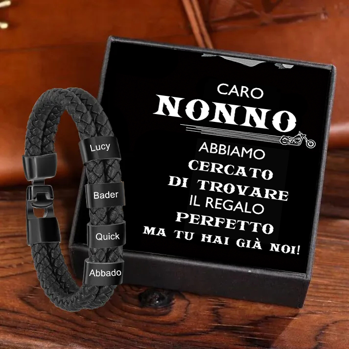 Caro Nonno-Braccialetto di pelle intrecciatta con 4 nomi personalizzati di perline con carta