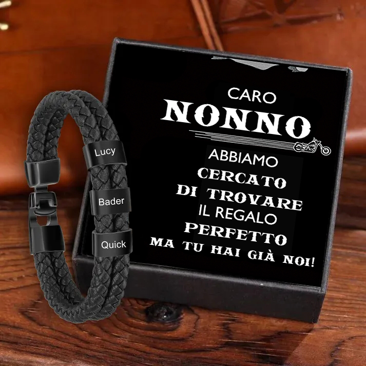 Caro Nonno-Braccialetto di pelle intrecciatta con 3 nomi personalizzati di perline con carta