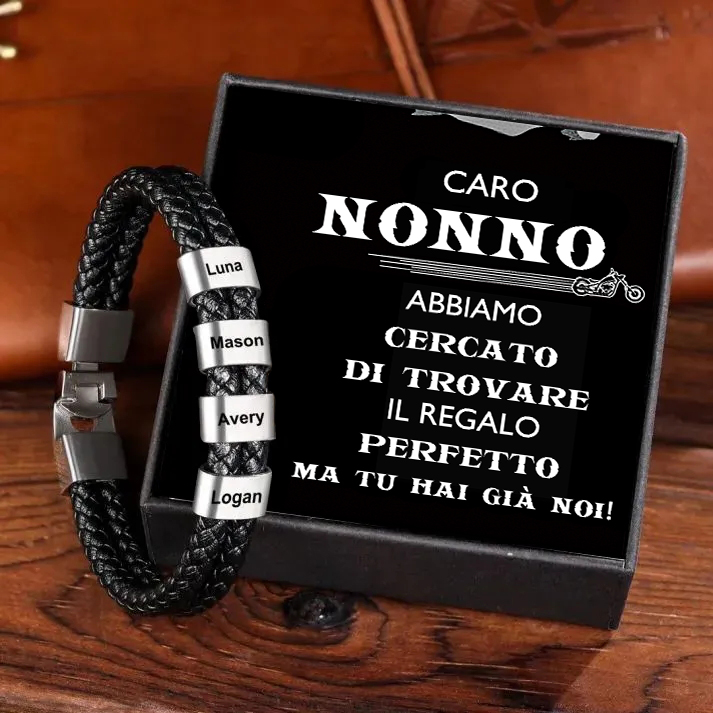 Caro Nonno-Braccialetto di pelle intrecciatta con 4 nomi personalizzati di perline con carta