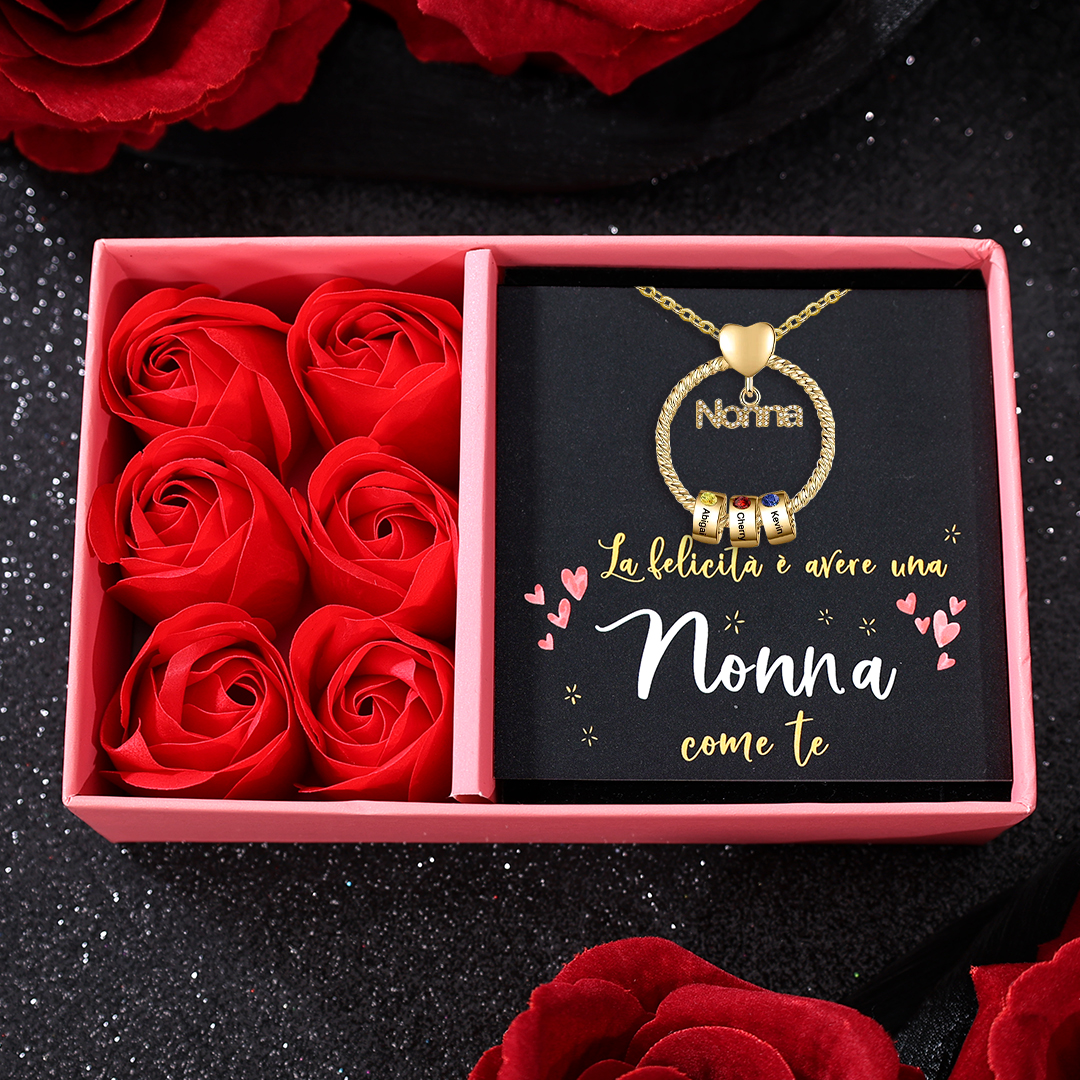 Collana con ciondolo nonna 3 nomi incisioni e pietre di nascita personalizzate