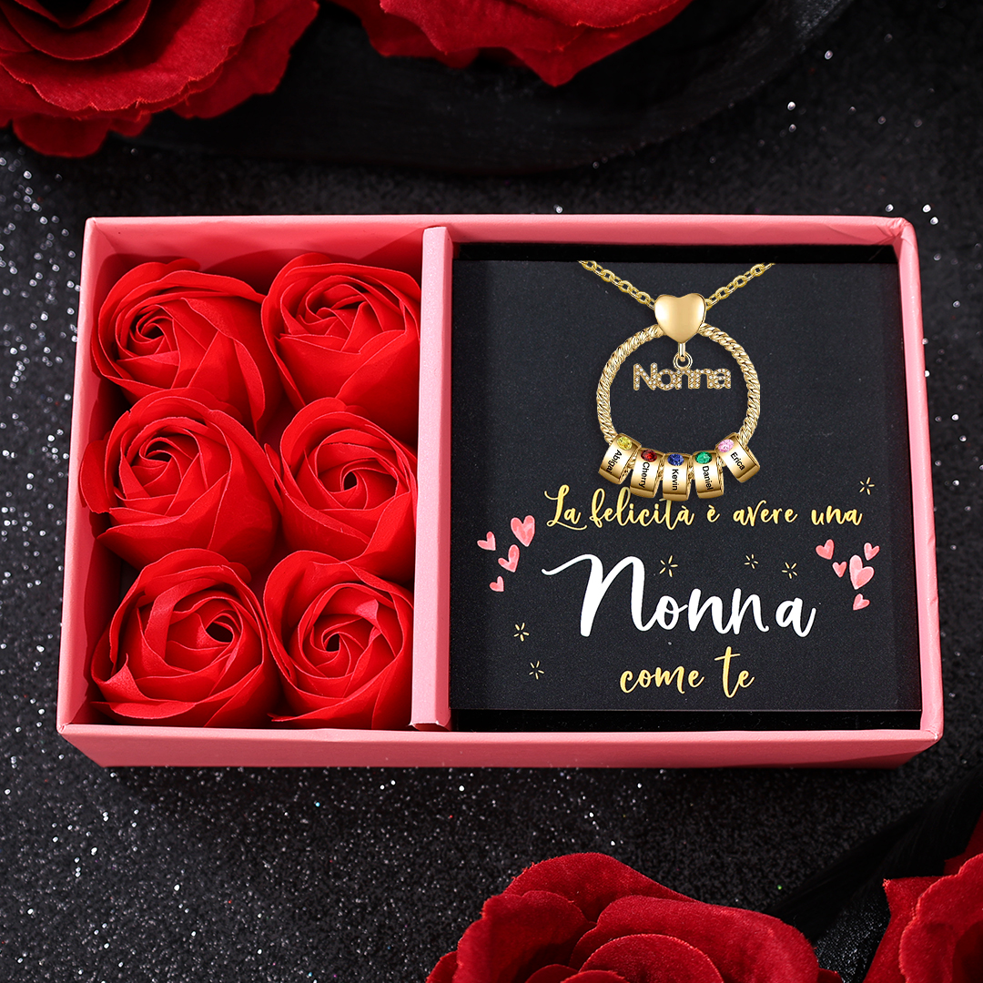 Collana con ciondolo nonna 5 nomi incisioni e pietre di nascita personalizzate