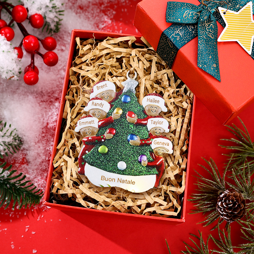 Pendente Abbraccio Intorno all'Albero di Natale per auto foto personalizzabile con 6 nomi e 1 testo un tocco unico per Natale