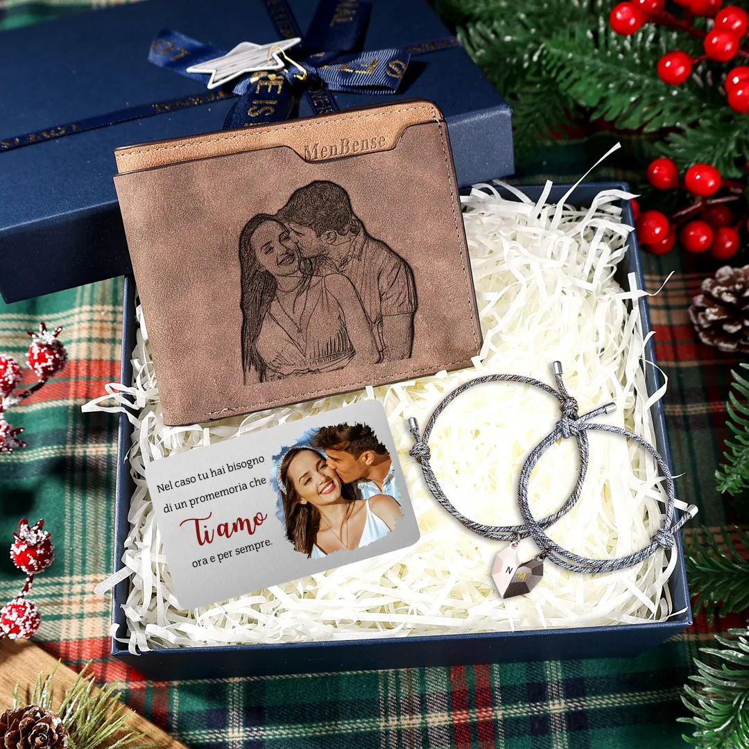 Set Regalo Personalizzato con Portafoglio e Bracciale - Foto, Nome e Iniziali Personalizzabili - Regalo per Coppie e per Lui | Jessemade