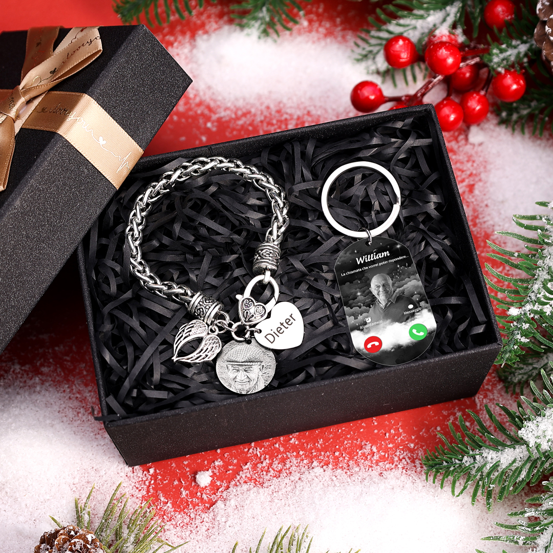 Set Bracciale e Portachiavi Commemorativo Personalizzato con Ala d’Angelo, Foto e Nome - Regalo per Famiglia | Jessemade