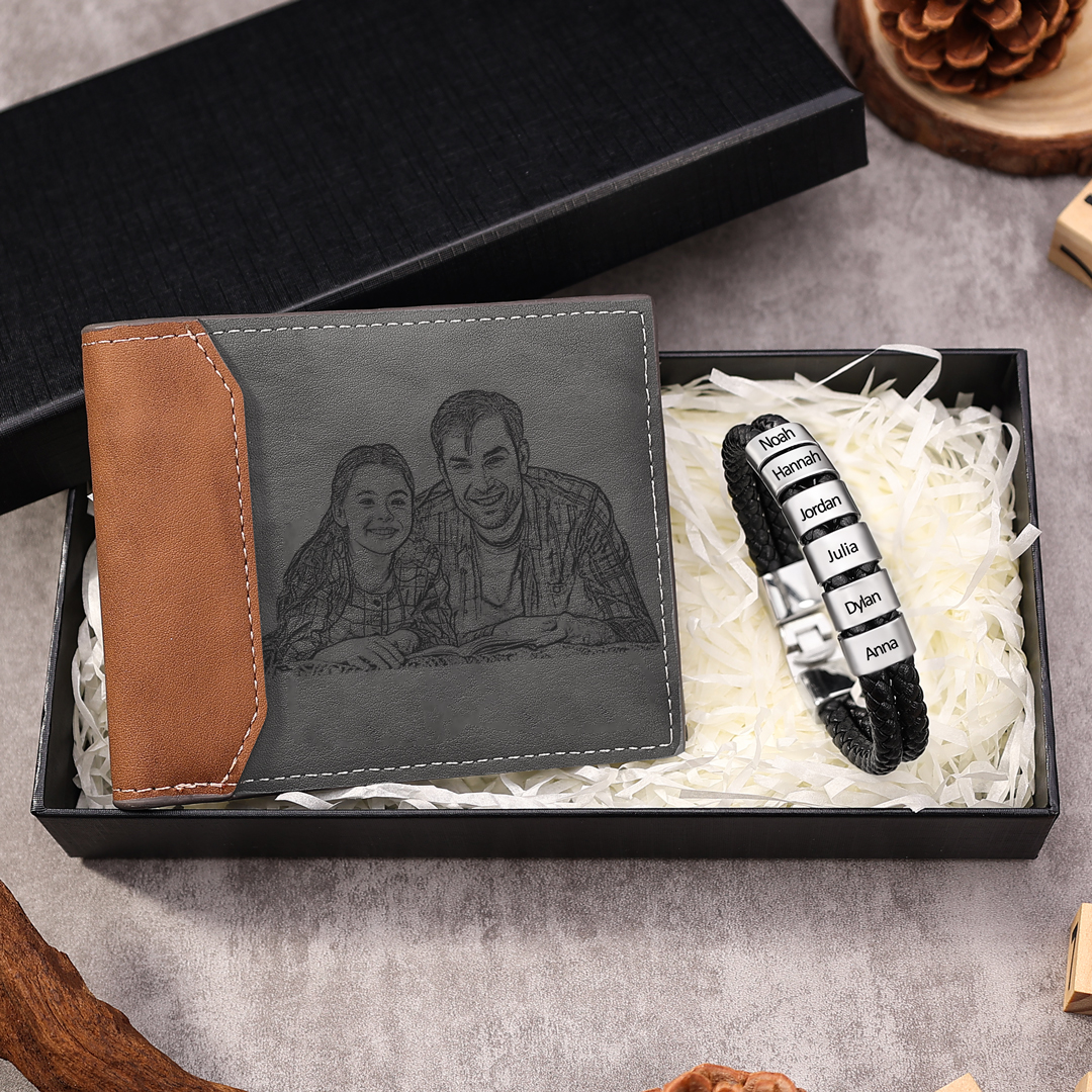 Personalised Gift Set - Custom Wallet & Bracelet with 1 Photo, 1 Letter, and 6 Names, Christmas Gift Box for Him | Jessemade