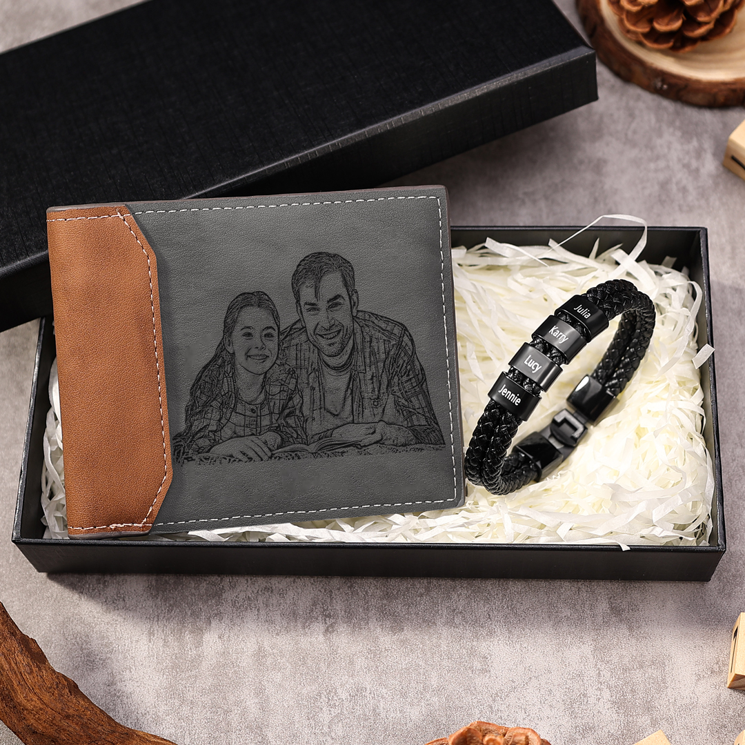 Personalised Gift Set - Custom Wallet & Bracelet with 1 Photo, 1 Letter, and 5 Names, Christmas Gift Box for Him | Jessemade