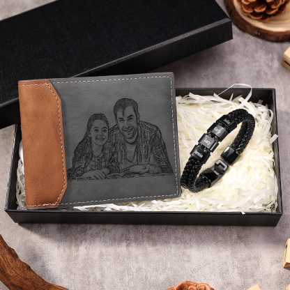 Personalised Gift Set - Custom Wallet & Bracelet with 1 Photo, 1 Letter, and 5 Names, Christmas Gift Box for Him | Jessemade