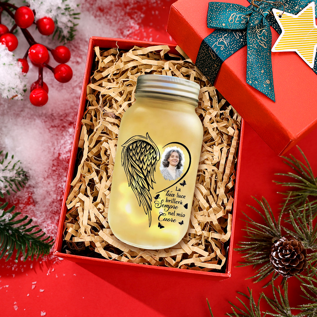 La tua luce brillerà sempre nel mio cuore Bottiglia Commemorativa Luminosa Personalizzata con Foto e Ali - Regalo di Natale per Chi Ami | Jessemade