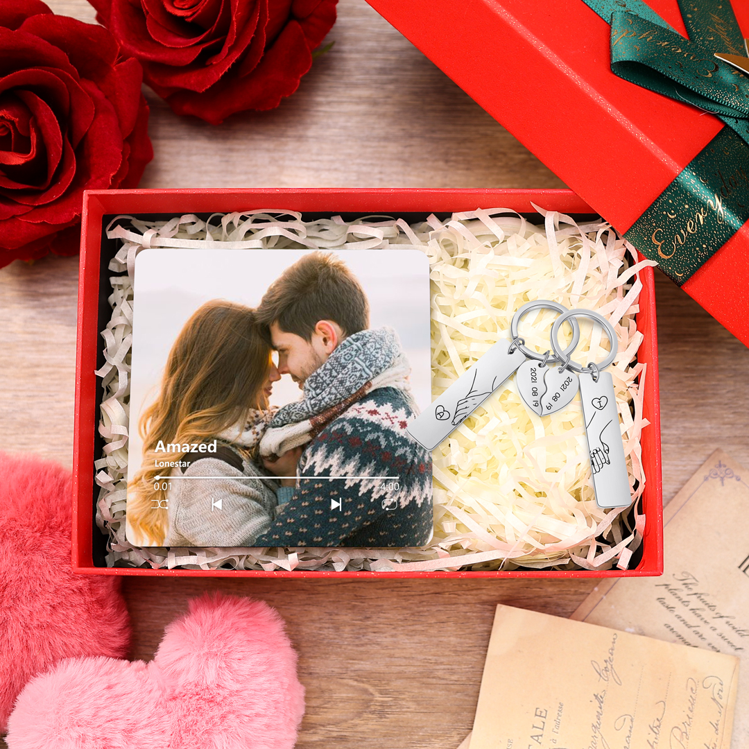 Personalised Fridge Magnet & Keyring Set - Customized with Photos, Dates, Letters & Songs Couple Gift- Valentine's Day Gift for Him | Jessemade