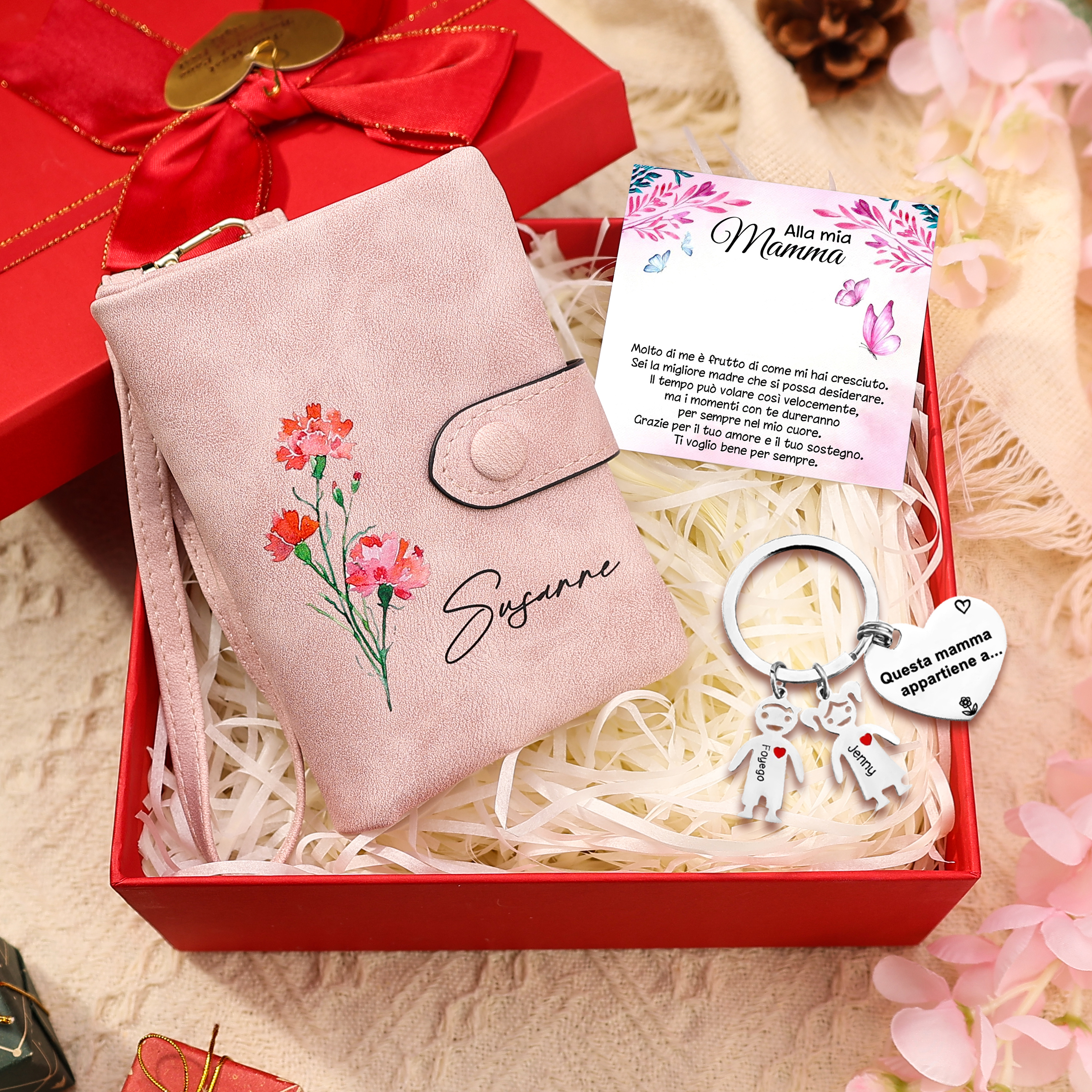Portafoglio in Pelle PU per Donna Personalizzabile con Nome e Fiore di Nascita & Portachiavi con 2 Nomi e Testo - Set Regalo con Scatola per la Mamma | Jessemade