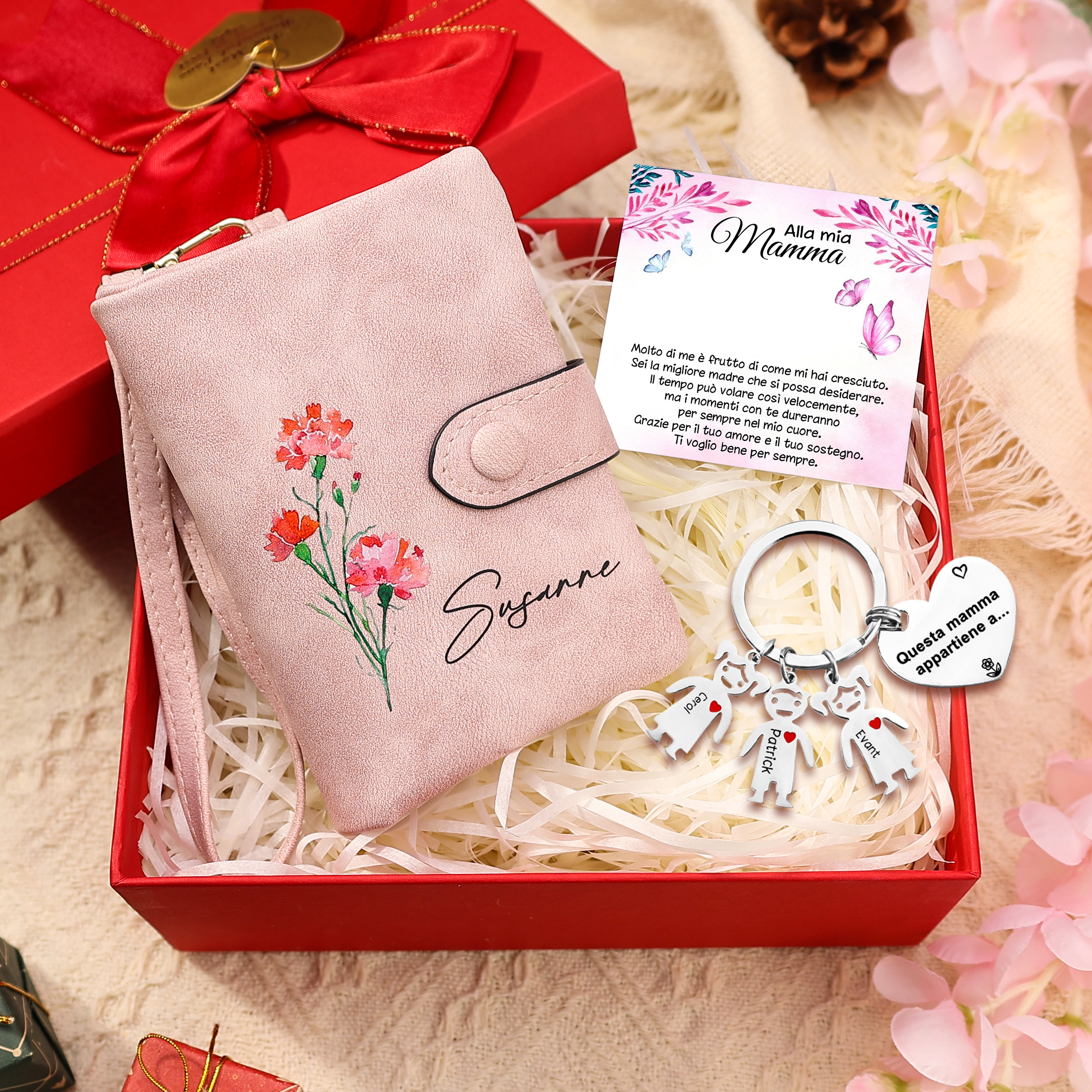 Portafoglio in Pelle PU per Donna Personalizzabile con Nome e Fiore di Nascita & Portachiavi con 3 Nomi e Testo - Set Regalo con Scatola per la Mamma | Jessemade
