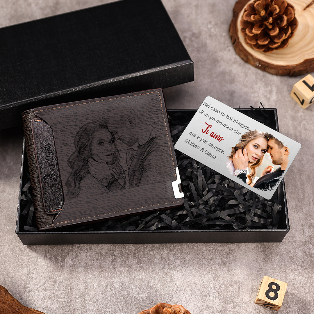 Portafoglio Uomo Personalizzato con Foto - Lettera e Nome Incisi, Portafoglio Marrone con Carta Fotografica, Set Regalo Natalizio per Lui | Jessemade
