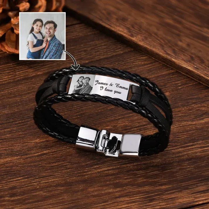 Braccialetto in pelle intrecciata personalizzato con 1 testo e 1 foto Braccialetto maschile