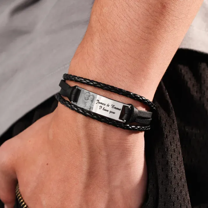 Braccialetto in pelle intrecciata personalizzato con 1 testo e 1 foto Braccialetto maschile