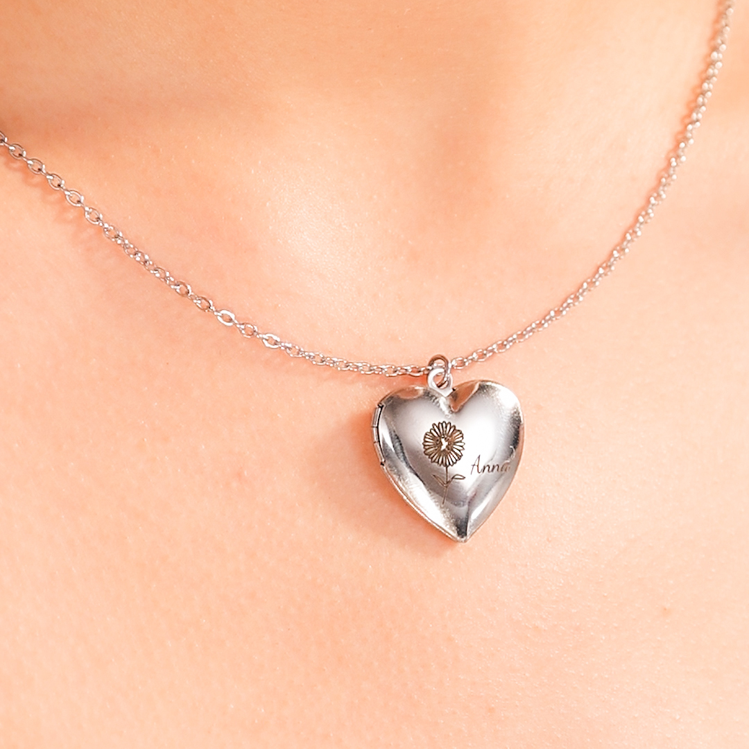 Collana cuore personalizzata con 2 foto e 1 fiore di nascita e 1 nome regalo per coppia