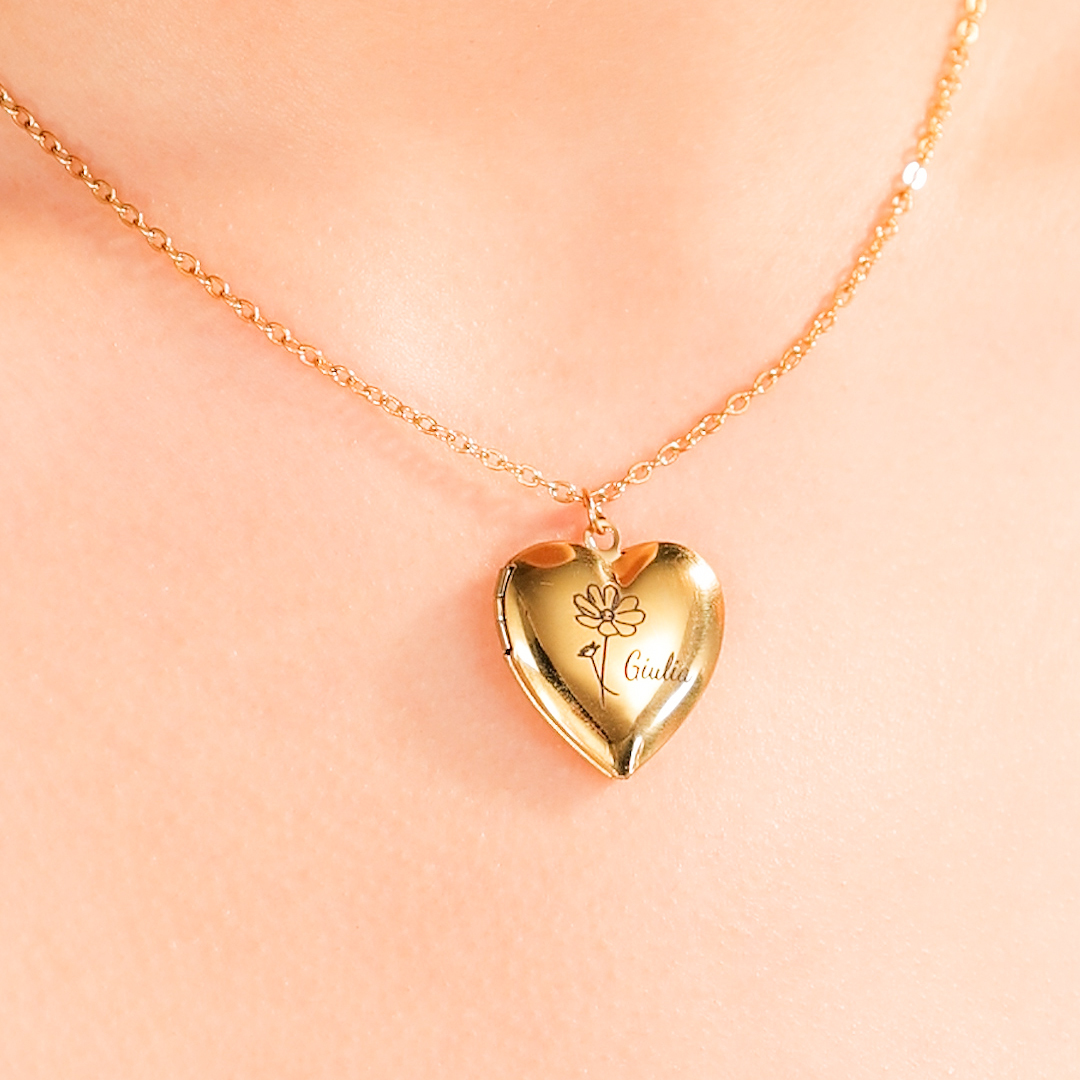 Collana cuore personalizzata con 2 foto e 1 fiore di nascita e 1 nome regalo per coppia