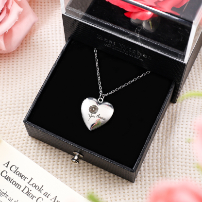 Collana cuore personalizzata con 2 foto e 1 fiore di nascita e 1 nome regalo per coppia