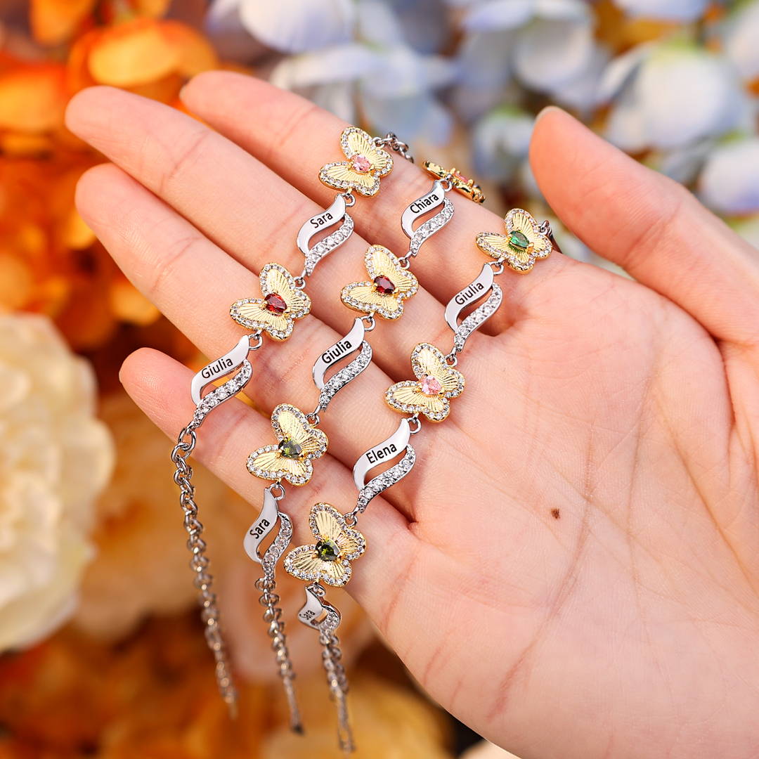Braccialetto Farfalla personalizzato con 4 nomi e 4 pietre di nascita regalo per donna