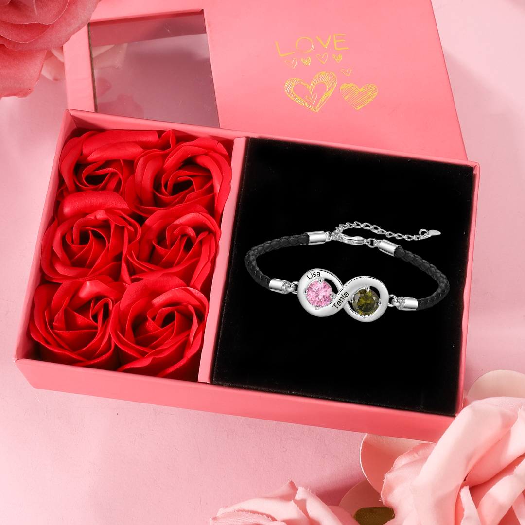 Braccialetto infinito personalizzato con 2 nomi e 2 pietre di nascita regalo per donna