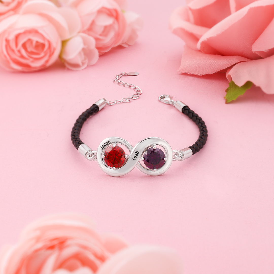 Braccialetto infinito personalizzato con 2 nomi e 2 pietre di nascita regalo per donna