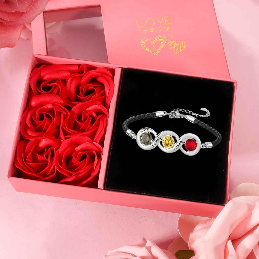 Braccialetto infinito personalizzato con 3 nomi e 3 pietre di nascita regalo per donna