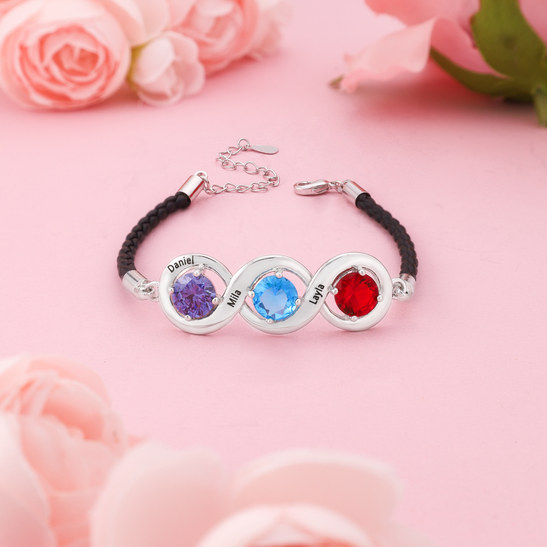 Braccialetto infinito personalizzato con 3 nomi e 3 pietre di nascita regalo per donna
