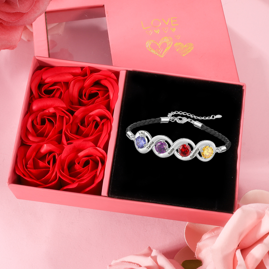 Braccialetto infinito personalizzato con 4 nomi e 4 pietre di nascita regalo per donna