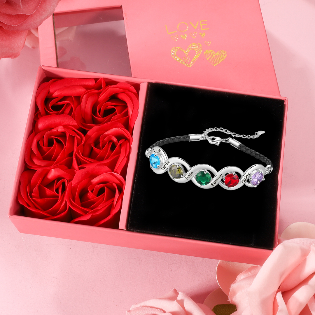 Braccialetto infinito personalizzato con 5 nomi e 5 pietre di nascita regalo per donna
