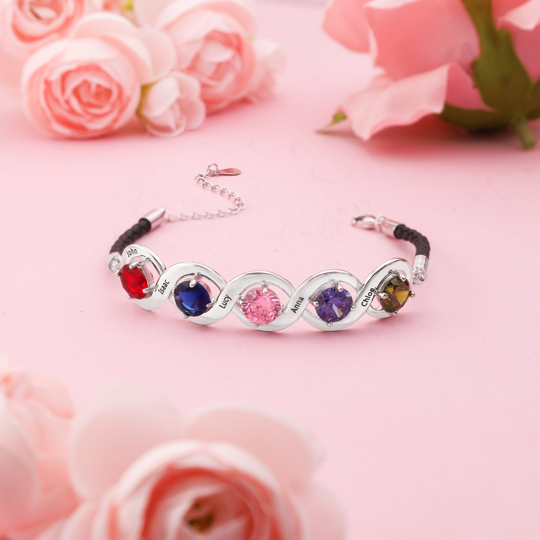 Braccialetto infinito personalizzato con 5 nomi e 5 pietre di nascita regalo per donna