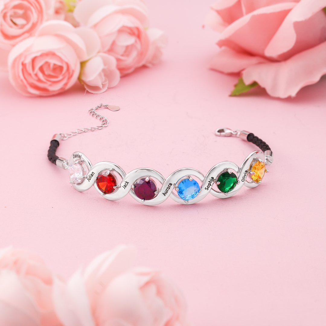 Braccialetto infinito personalizzato con 6 nomi e 6 pietre di nascita regalo per donna