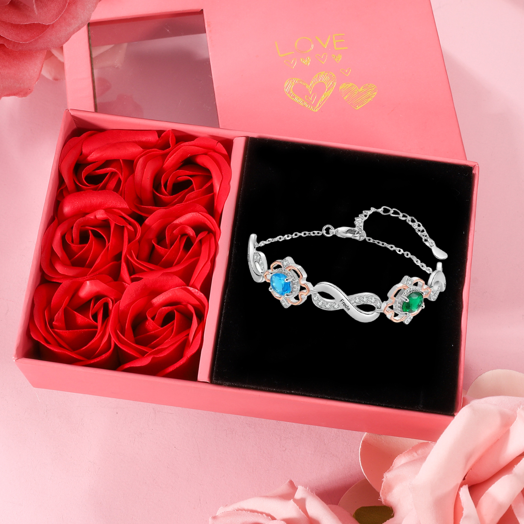 Braccialetto infinito personalizzato con 3 nomi e 2 pietre di nascita per donna