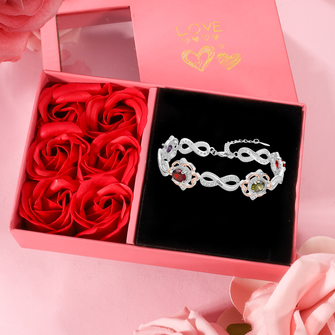 Jessemade IT Braccialetto infinito personalizzato con 5 nomi e 4 pietre di nascita per donna