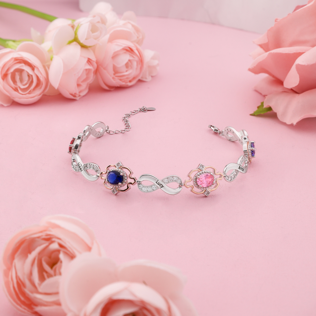 Braccialetto infinito personalizzato con 5 nomi e 4 pietre di nascita per donna