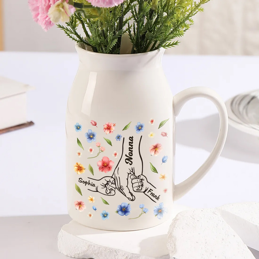 Vaso di ceramica con mano nella mano 3 nomi personalizzati per nonna/mamma