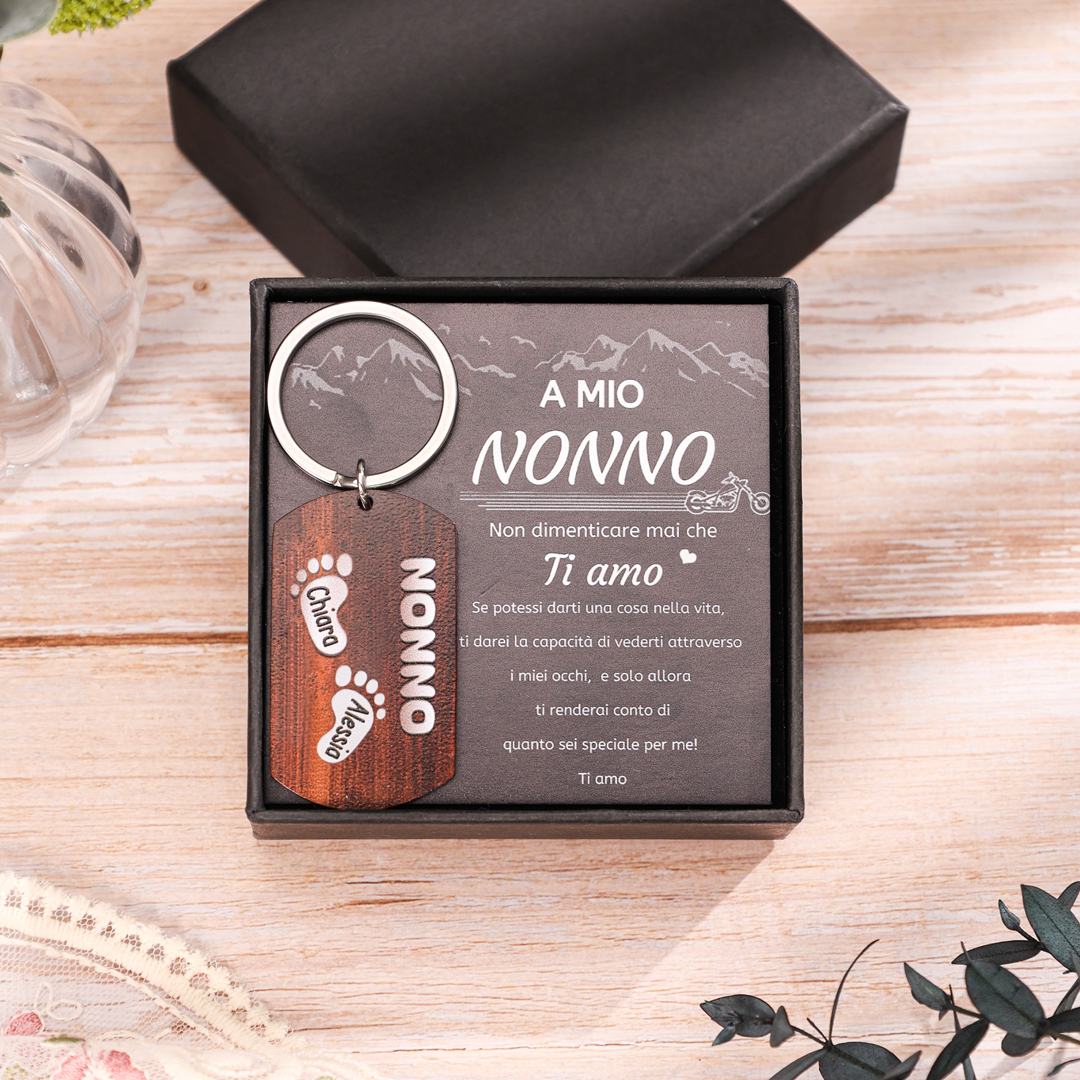 Nonno-Portachiavi con piedino 2 nomi e 1 testo personalizzati regalo per papà/nonno