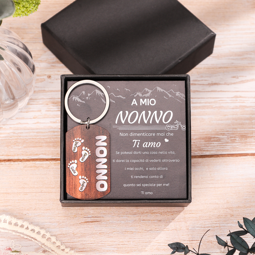 Nonno-Portachiavi con piedino 4 nomi e 1 testo personalizzati regalo per papà/nonno