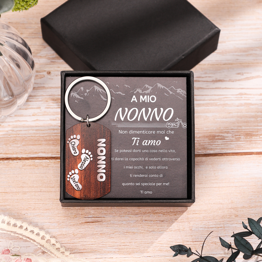 Nonno-Portachiavi con piedino 3 nomi e 1 testo personalizzati regalo per papà/nonno