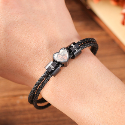 Personalized Men's Leather Bracelet Custom 1 Photo & 2–6 Names Black Gift for Him