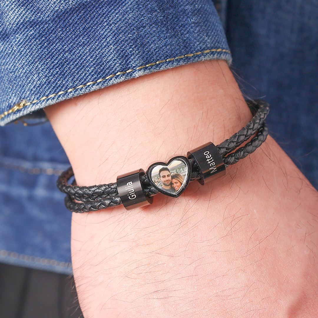 Personalized Men's Leather Bracelet Custom 1 Photo & 2–6 Names Black Gift for Him