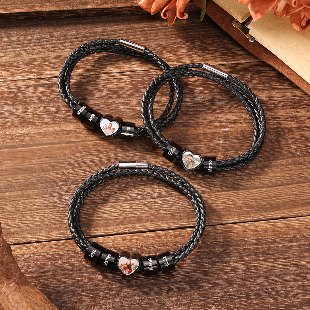 Personalized Men's Leather Bracelet Custom 1 Photo & 2–6 Names Black Gift for Him