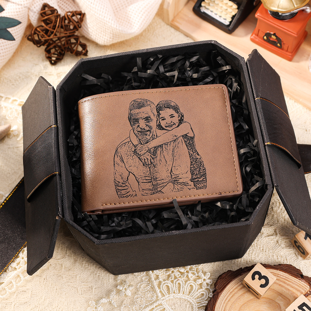 Portafoglio in PU pelle da uomo con 1 foto e 1 testo personalizzati Regalo per nonno