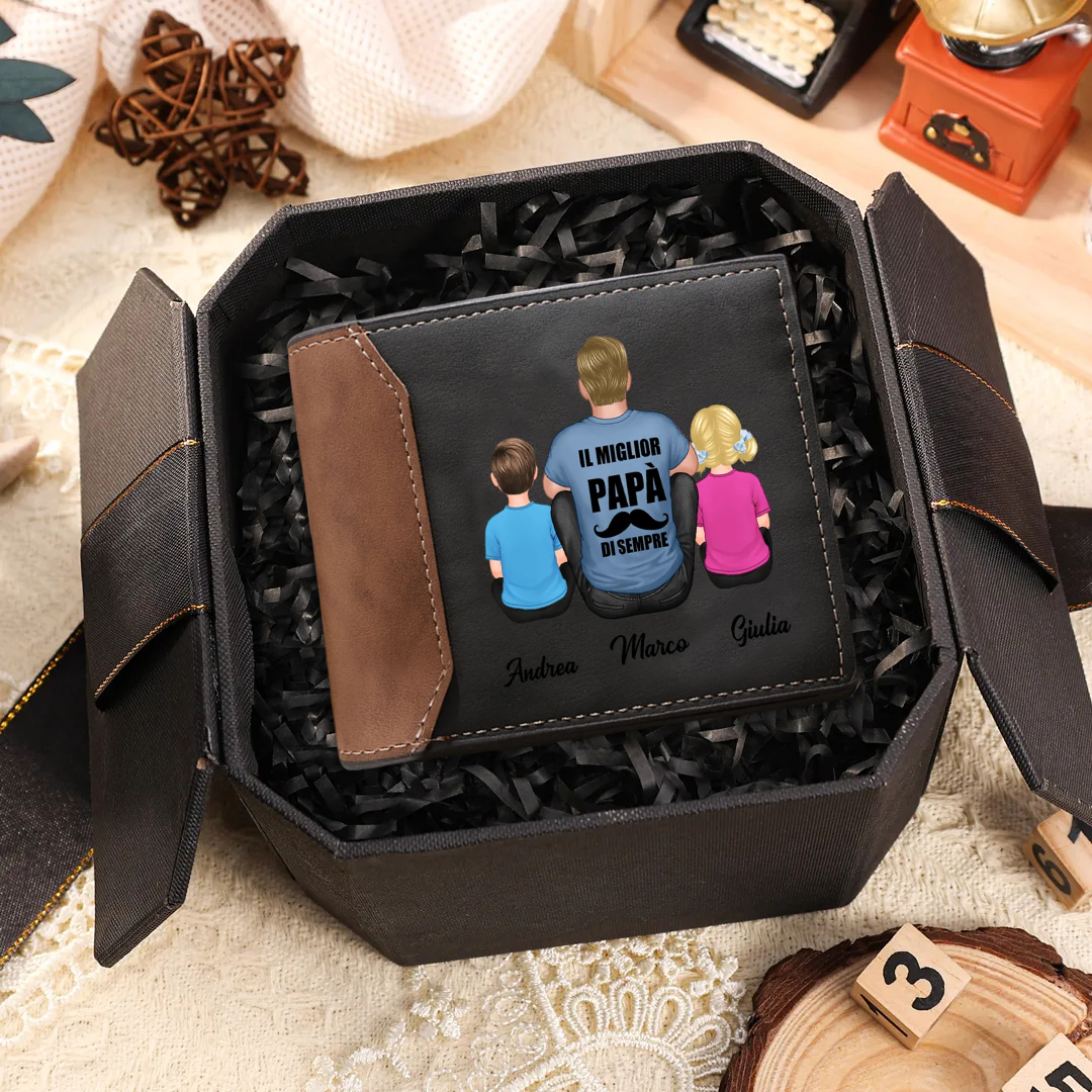 Portafoglio Personalizzato per Uomo con 2-8 Nomi – “Il Miglior Papà di Sempre” – Regalo Elegante per Papà | Jessemade